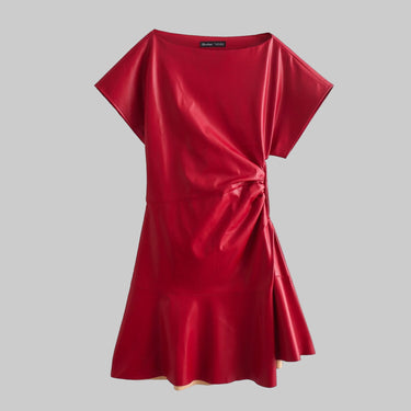 Deep Women Slim Fit Pleated Decorative Leather Short Sleeve Dress